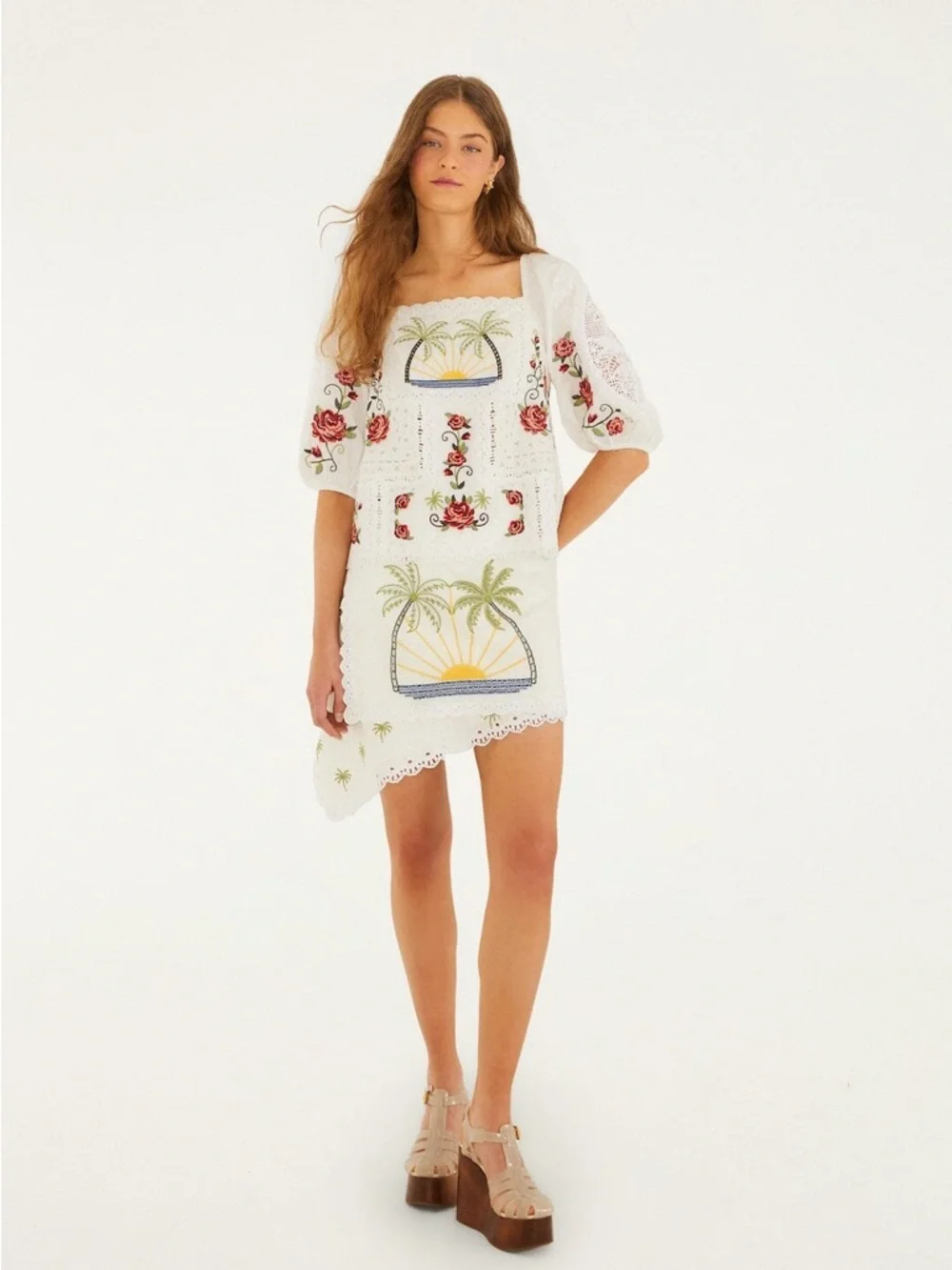 FARM RIO Off-White Tropi Scarf Embroidered Organic Cotton Blouse